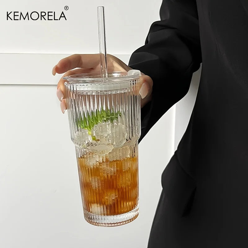 600ML Stripe Glass Coffee Cup With Lid and Without Cover Straw