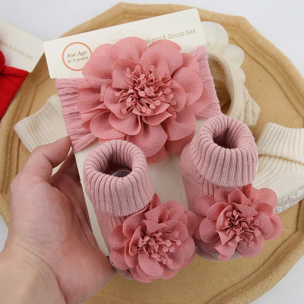 3Pcs/Set Lace Flower Baby Headbands Socks Cotton Non-slip Anklet 0-12M