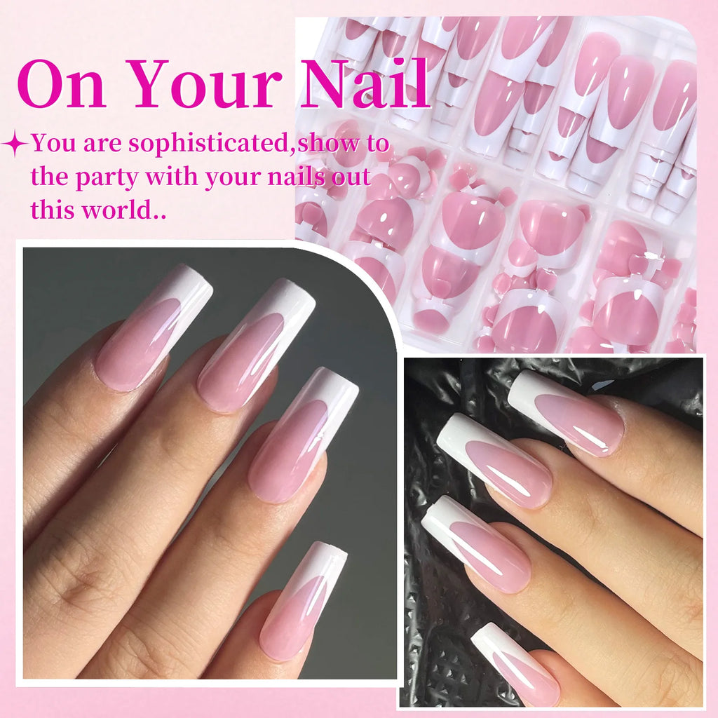 144pcs French Black Pink Hand&Foot WearIng Nail Set Short Square False