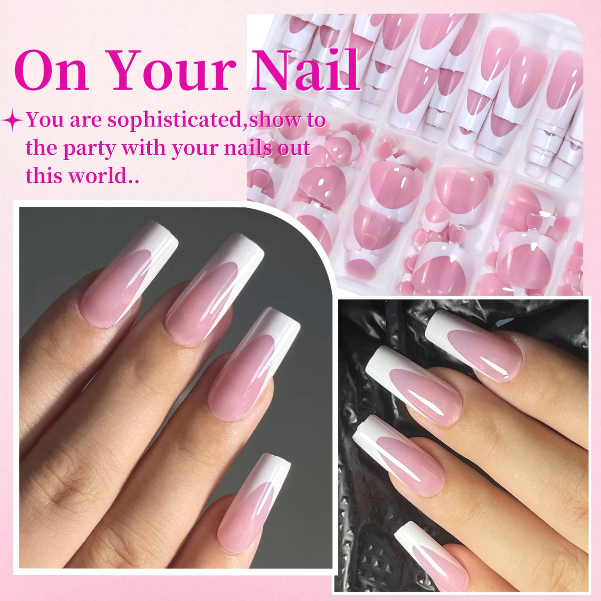 144pcs French Black Pink Hand&Foot WearIng Nail Set Short Square False