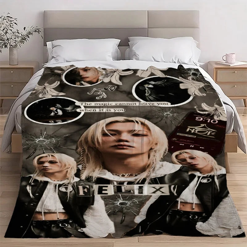 Felix Stray Kids Fleece Blanket 2D Printed Soft Cozy Dark Aesthetic