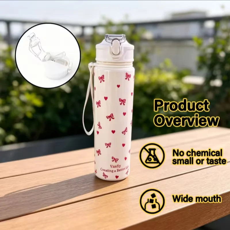 750ML Cute Strawberry Cherry Flower Bowknot Printed Tumbler with Pure