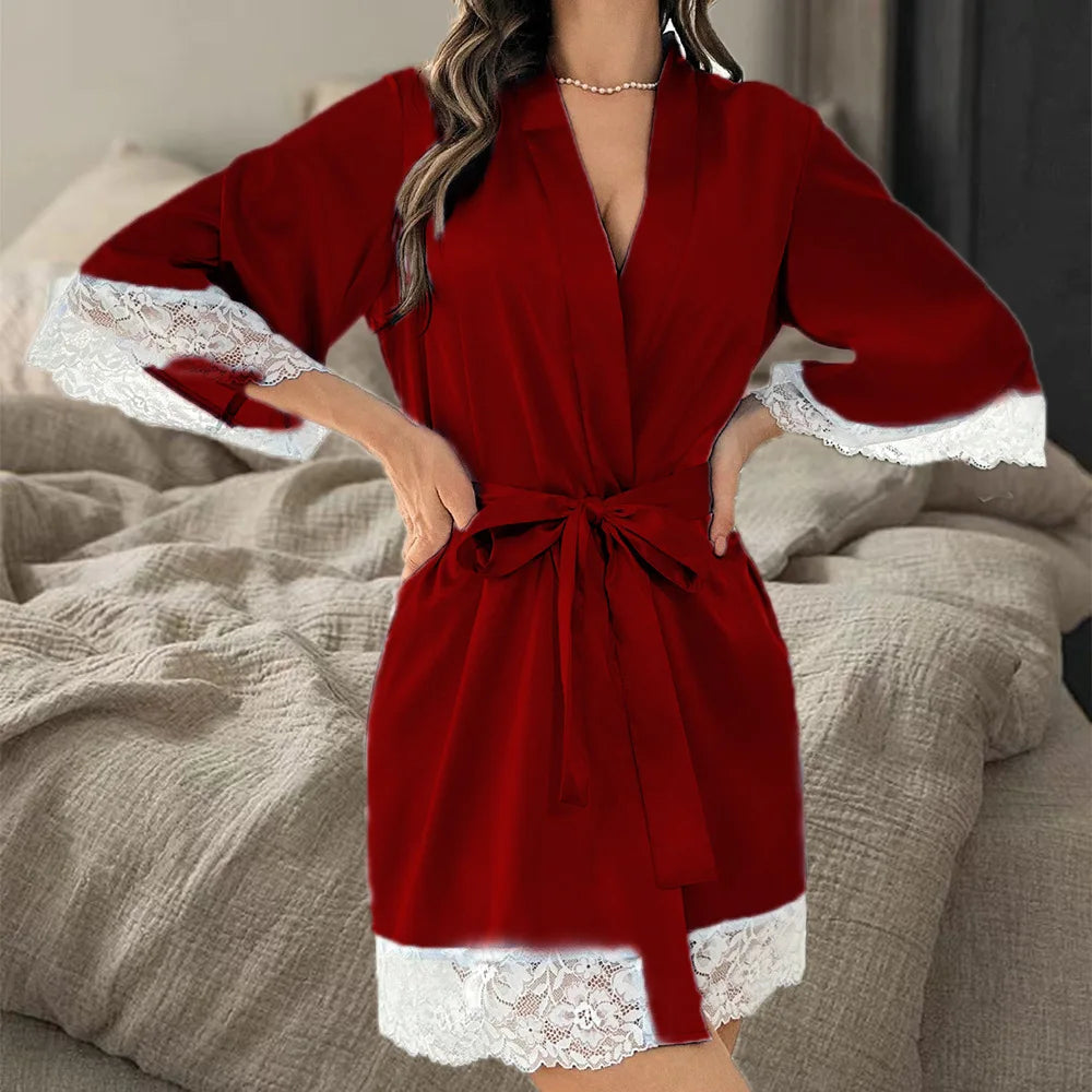 Ladies Elegant Satin Robe Lace Trim Kimono Short Sleepwear