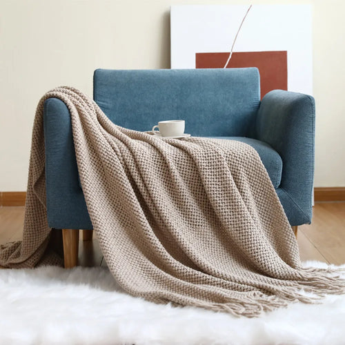 Cable Knit Khaki Throw Blanket Lightweight Knitted Jacquard Throw