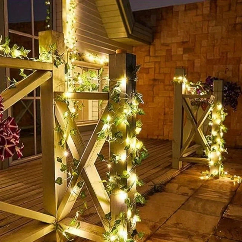 Green Fairy Lights with Solar-Powered Artificial Ivy Leaves