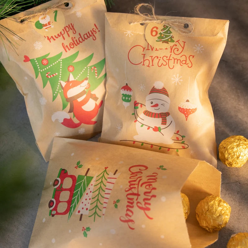 24 Sets Merry Christmas Gift Bags Retro Santa Claus Fox Kraft Paper