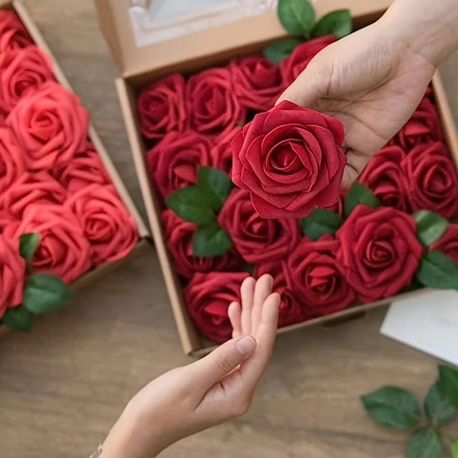 25 Pcs Artificial Flowers, Fake Flowers Roses W/Stem For DIY Wedding