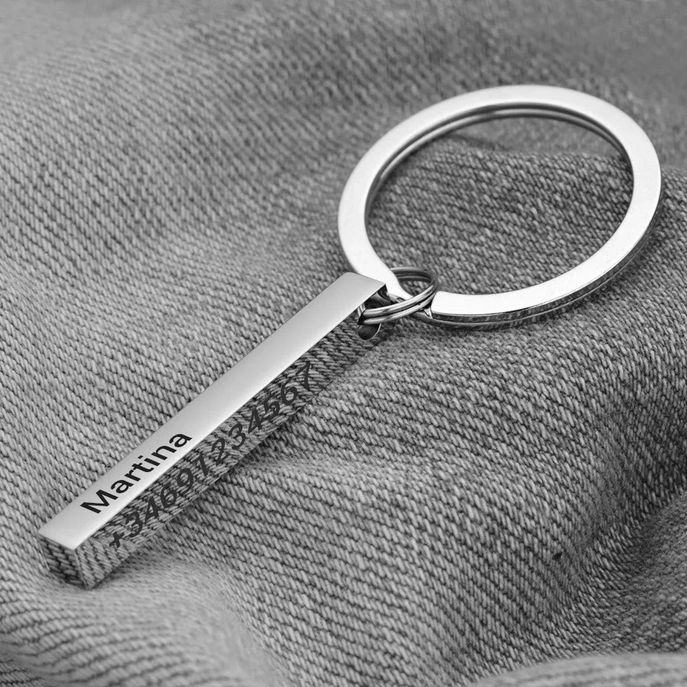 3D Bar Stainless Steel Personalize Keychains Engrave Text Name Date