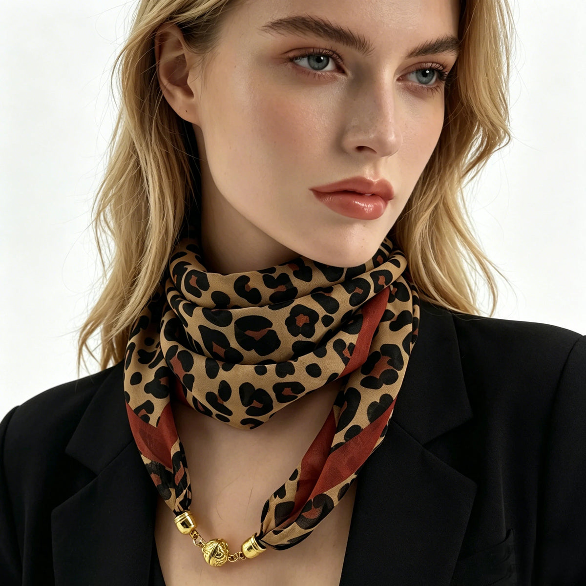 Leopard Print Magnetic Buckle Scarf, 60cm Square Thin Chiffon Neck