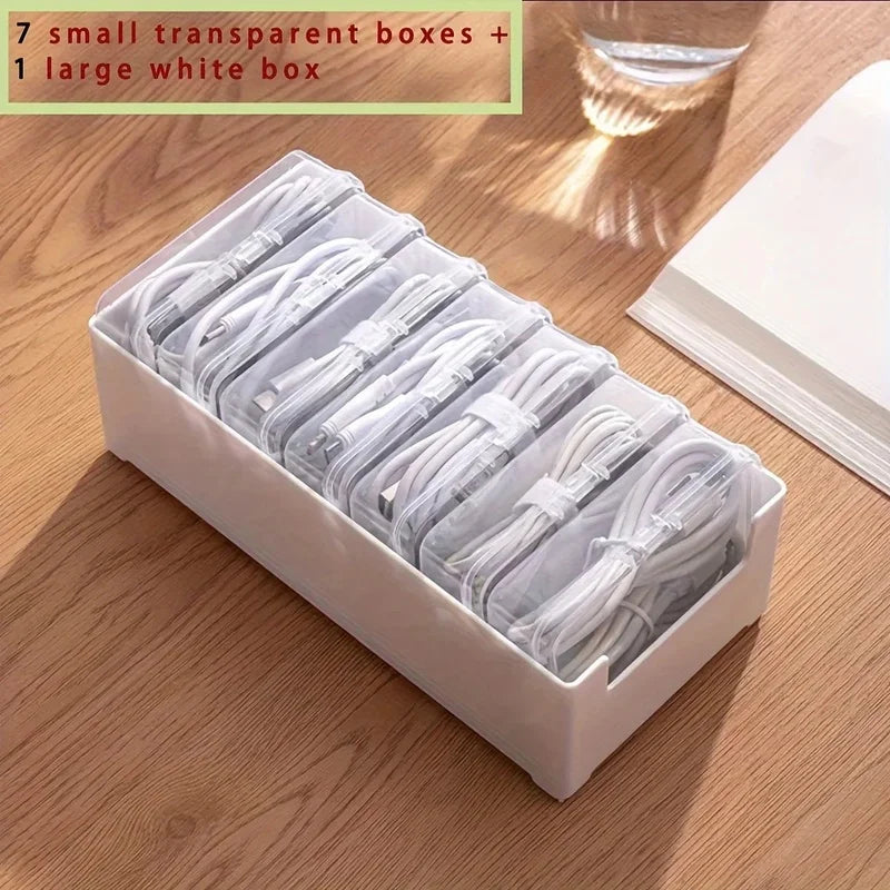 Data Cable Storage Box with 7 Compartments, Desktop Cord Organizer for