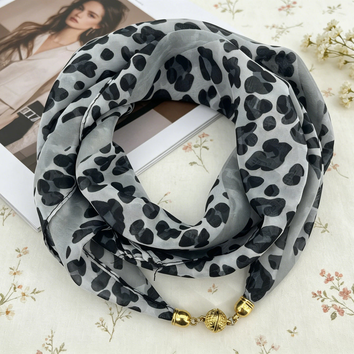 Leopard Print Magnetic Buckle Scarf, 60cm Square Thin Chiffon Neck