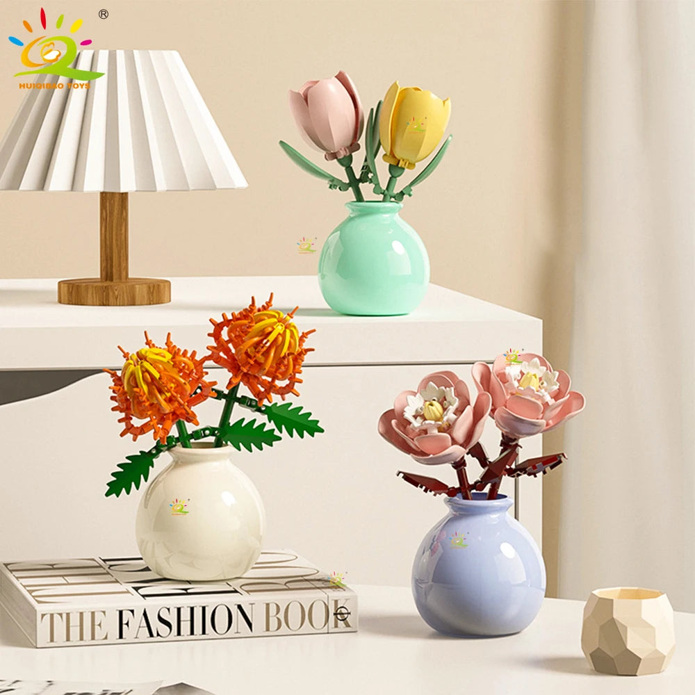 HUIQIBAO MOC Flower with Vase Model Building Block DIY Eternal Bouquet
