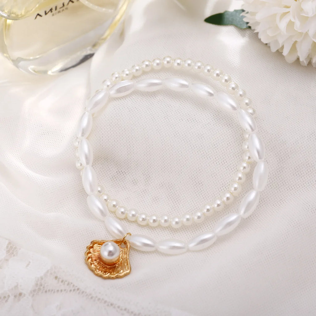 Yupsk 2pcs/set Double Layer Imitation Pearl Stackable Anklet With