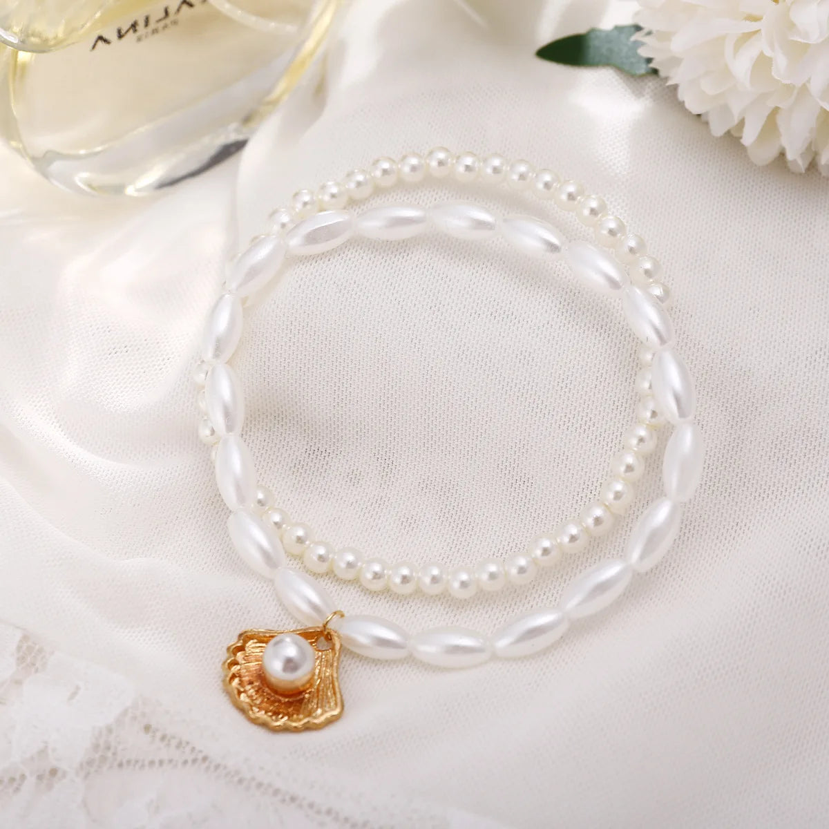 Yupsk 2pcs/set Double Layer Imitation Pearl Stackable Anklet With