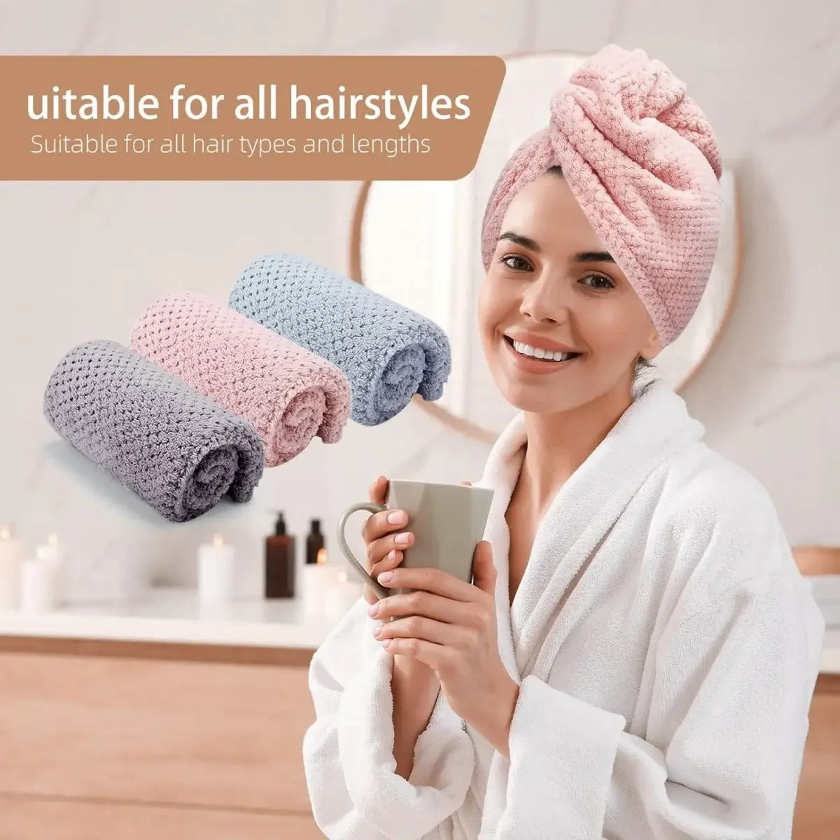 Solid Color Hair Towel Textured Dry Hair Cap 9.8 x 25.5 Inch Absorbent