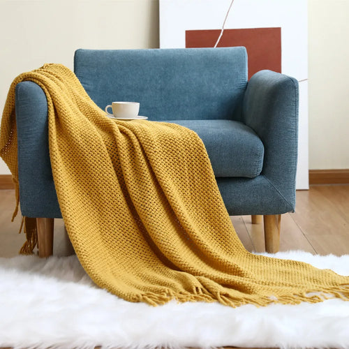 Cable Knit Khaki Throw Blanket Lightweight Knitted Jacquard Throw