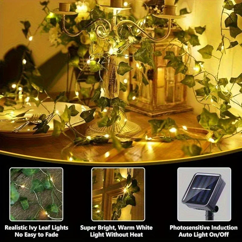 Green Fairy Lights with Solar-Powered Artificial Ivy Leaves