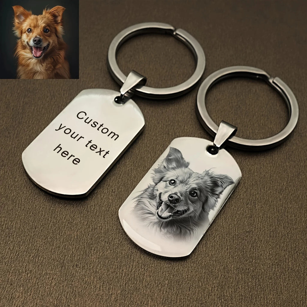 Personalized Photo Keychain, Custom-Engraved Stainless Steel Dog Tag