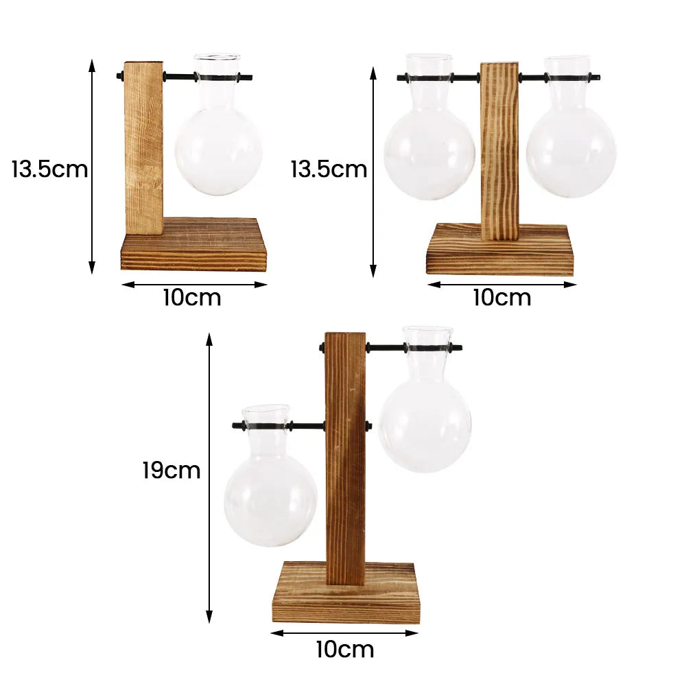 Creative Glass Desktop Planter Bulb Vase Wooden Stand Hydroponic Plant