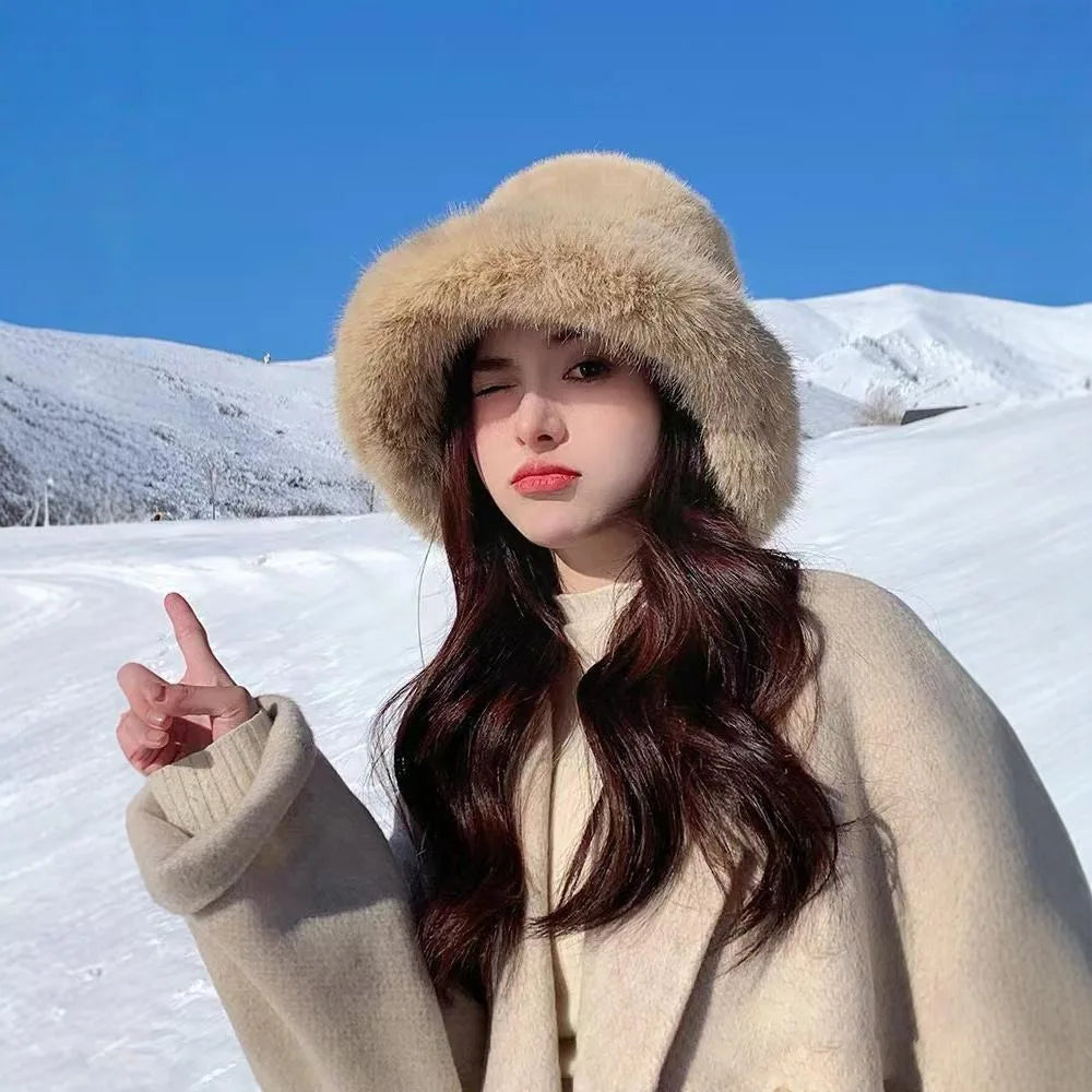 Women's Fluffy Fur Bucket Hat Plush Winter Fisherman Cap Warm Thick