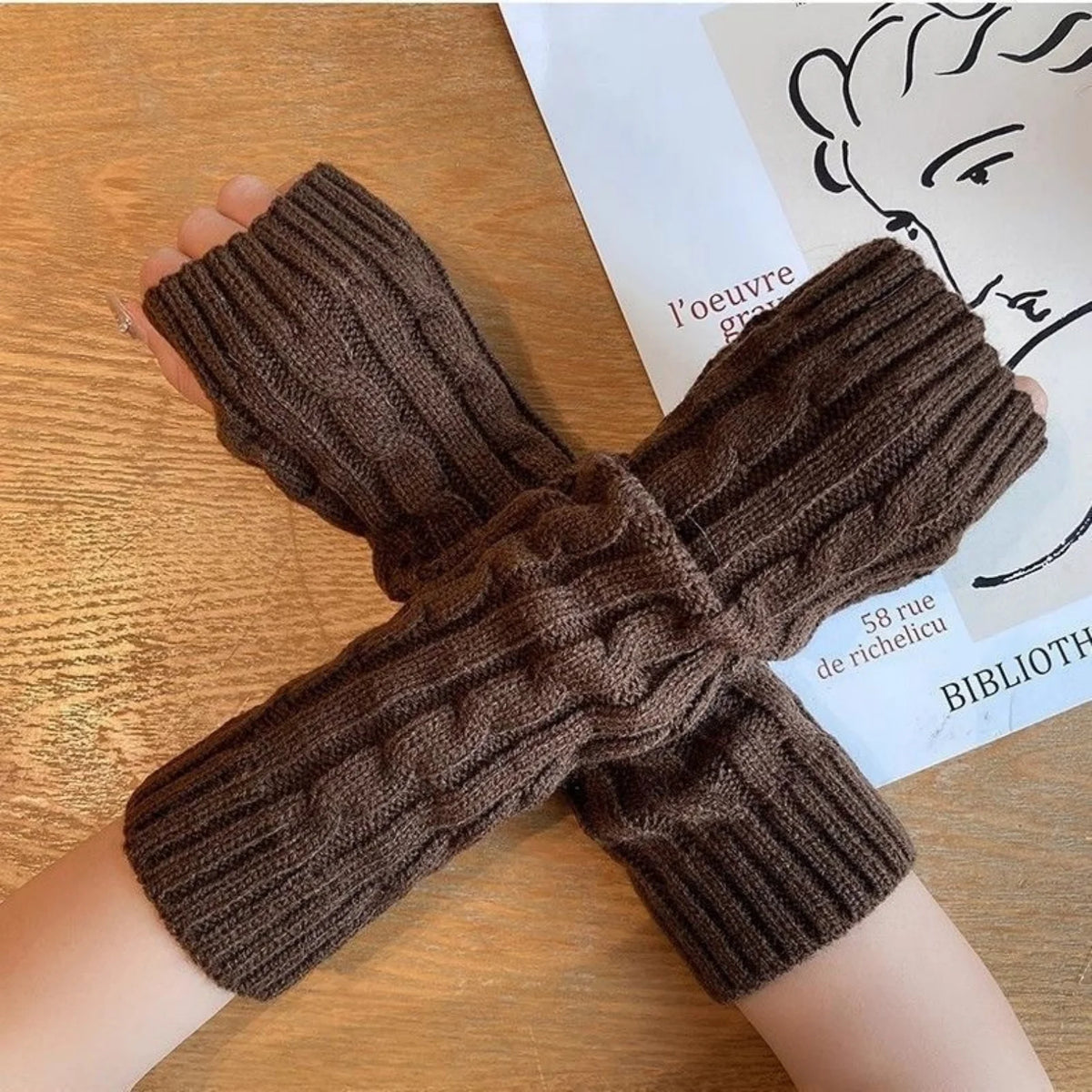 2PCS Cable Knit Fingerless Gloves, Women's Soft Warm Knitted Arm