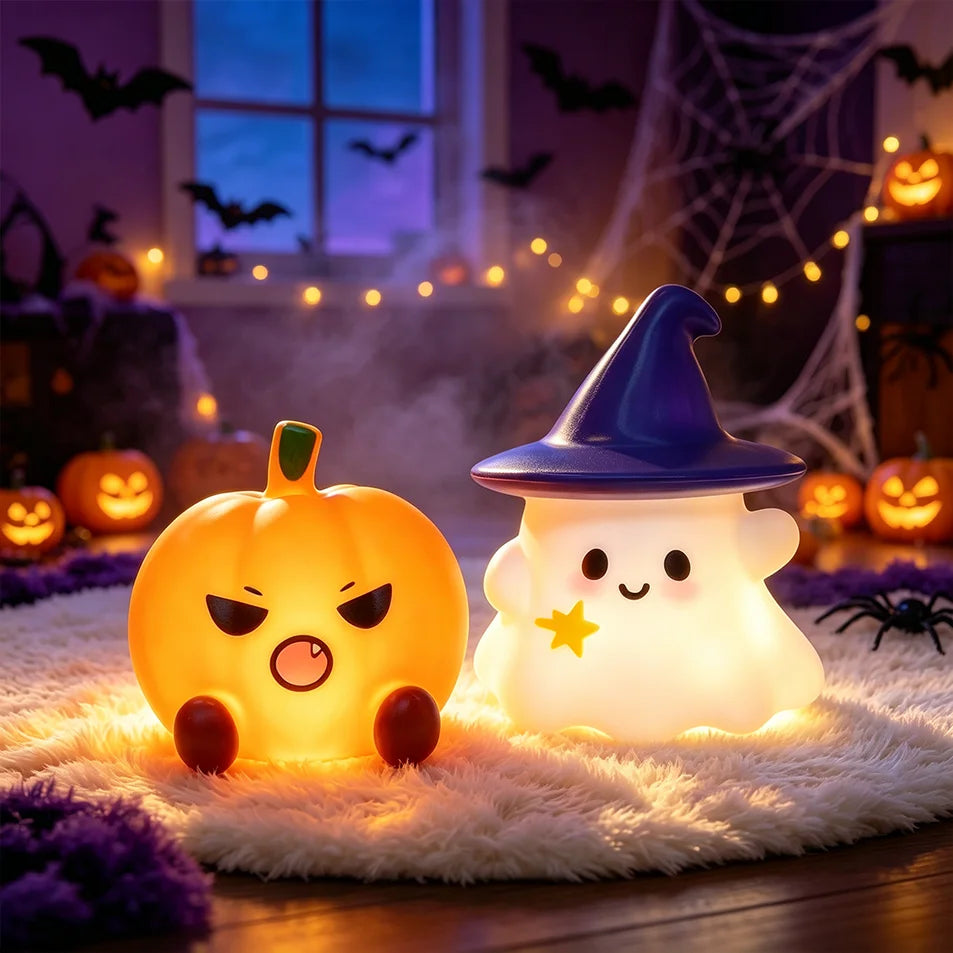 Halloween Cute Ghost Witch Hat Pumpkin Night Light Silicone LED Lamp